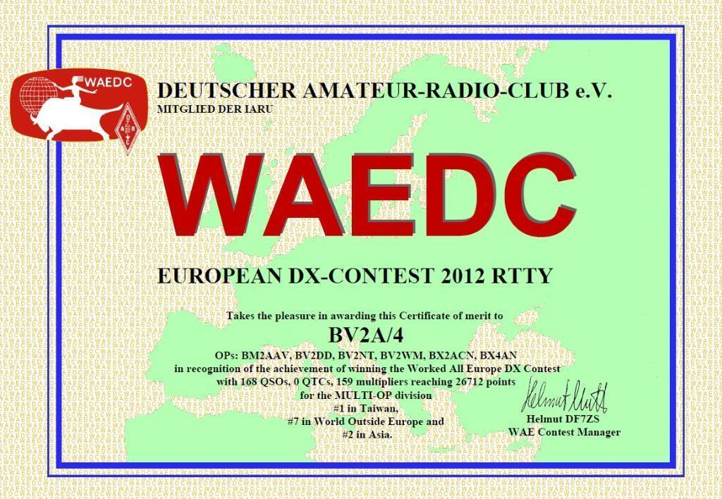 WAEDC RTTY Contest, World #7, Asia #2, Taiwan #1