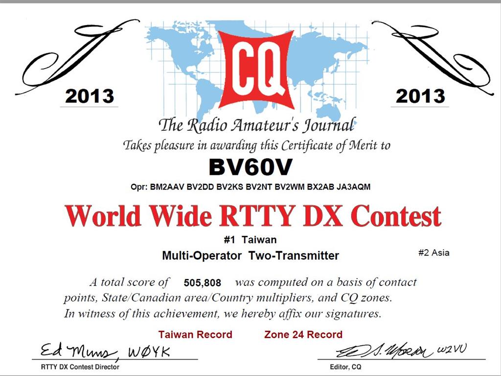 CQWW RTTY, Asia #2, Taiwan #1