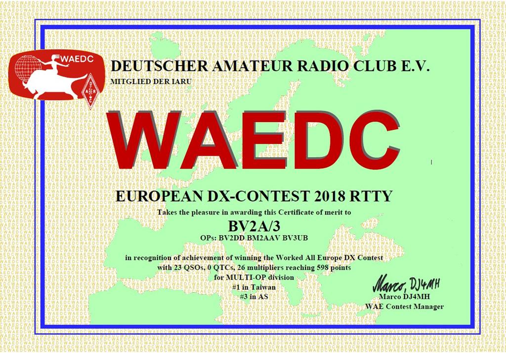 WAEDC RTTY Contest, Asia #3, Taiwan #1