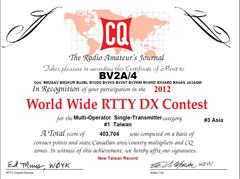 2012 - CQWW RTTY Contest, Asia #3, Taiwan #1, New Taiwan Record