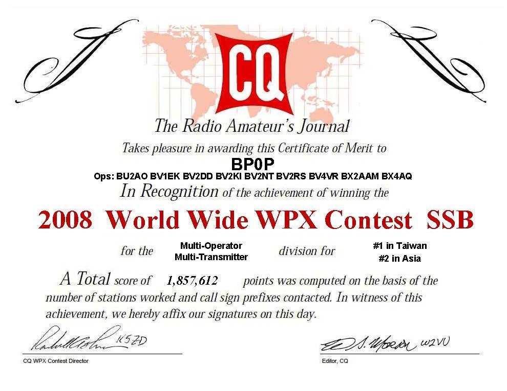 CQWW WPX SSB Contest, Asia #2,Taiwan #1