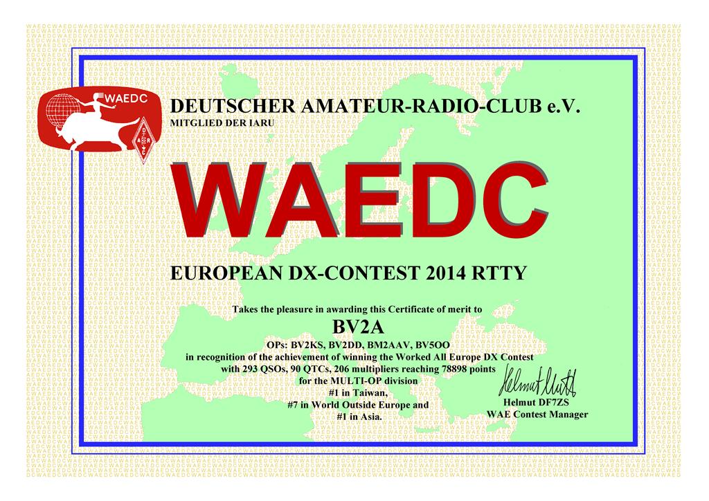 WAEDC RTTY Contest, World #7, Asia #1, Taiwan #1