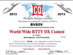 2013 - CQWW RTTY, Asia #2, Taiwan #1