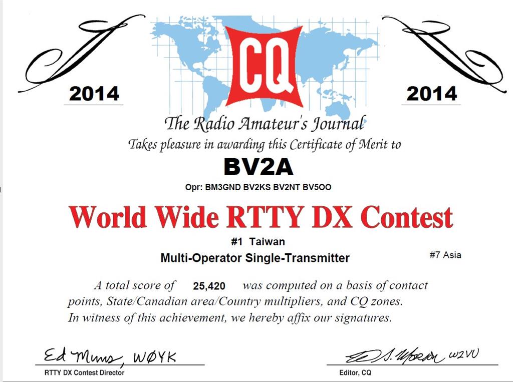 2014 CQWW RTTY, Asia #7, Taiwan #1