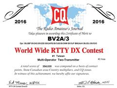 2016 - 2016 CQWW RTTY, Asia #2, Taiwan #1
