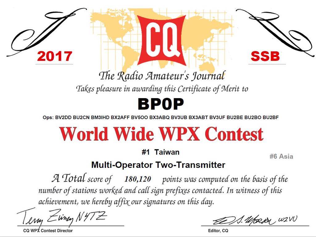 CQWW WPX Contest, Asia #6， Taiwan #1