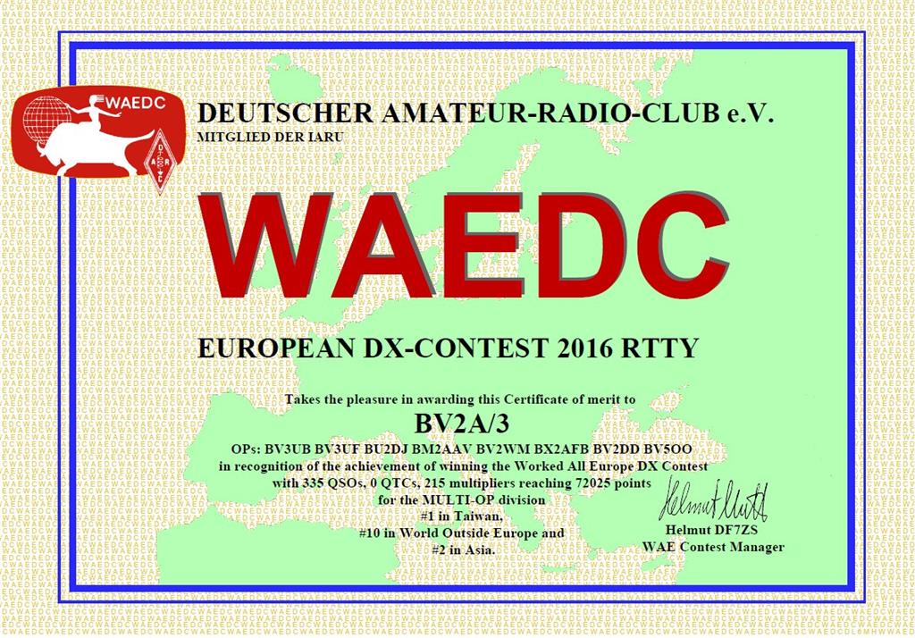 WAEDC RTTY Contest, World #10, Asia #2, Taiwan #1