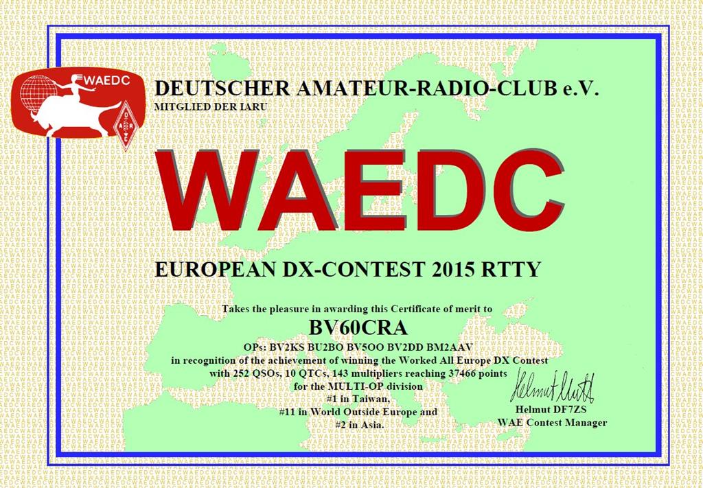 WAEDC RTTY Contest, World #11, Asia #2, Taiwan #1